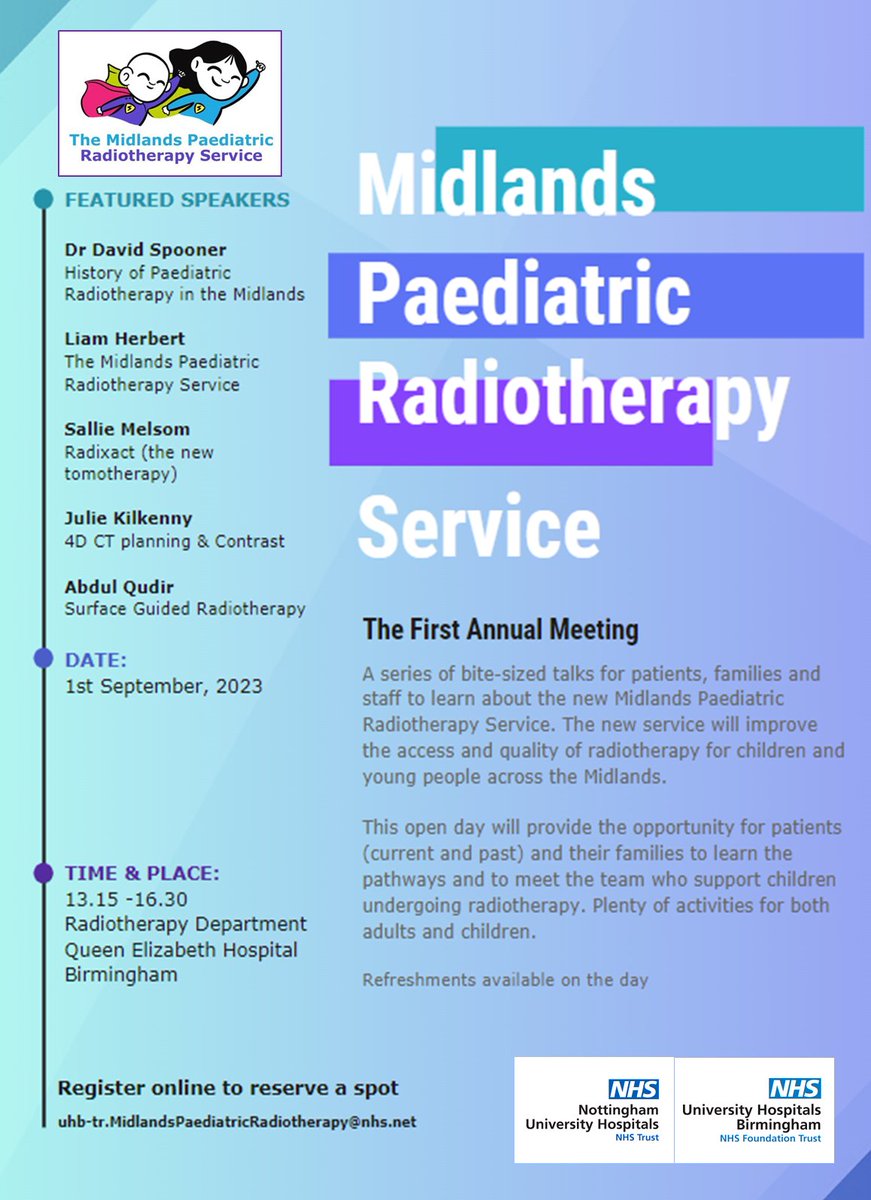 LiamHerbert_'s tweet image. Our first annual Meeting for the @MidlandsPaedRT service will be on the 1st September where we will be inviting previous and current patients and their families to learn about our new service! Get in touch to find out more!!! Free tickets and cake!! ☢️ @UHBCharity @UHBCancer