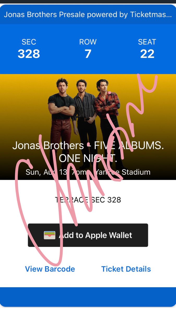 ChristineFilosa's tweet photo. Selling 3 tickets to Jonas Bothers at Yankee Stadium 8/13 section 328, Row 7, seats 22-24 for $120 each, less than what we paid. Will transfer via ticket master. #thetour #JonasBrothers https://t.co/5z01dN5Lta