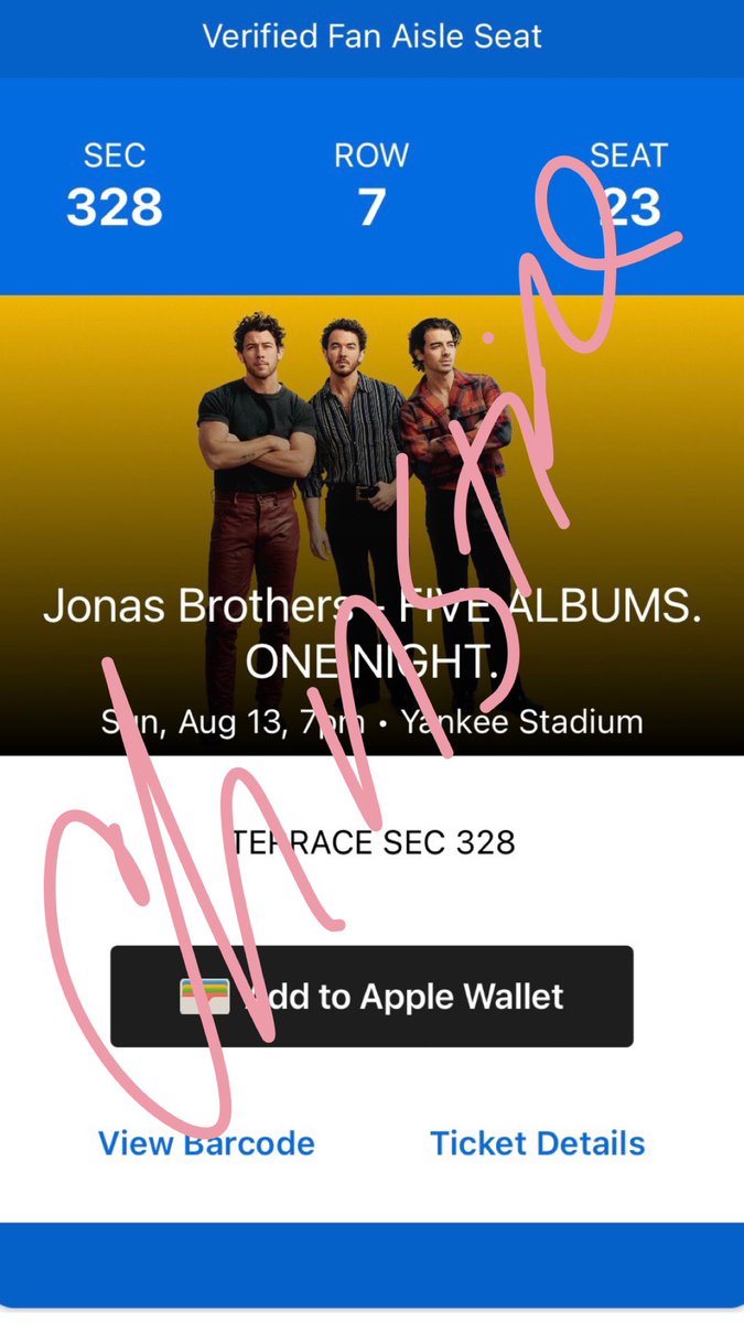 ChristineFilosa's tweet photo. Selling 3 tickets to Jonas Bothers at Yankee Stadium 8/13 section 328, Row 7, seats 22-24 for $120 each, less than what we paid. Will transfer via ticket master. #thetour #JonasBrothers https://t.co/5z01dN5Lta