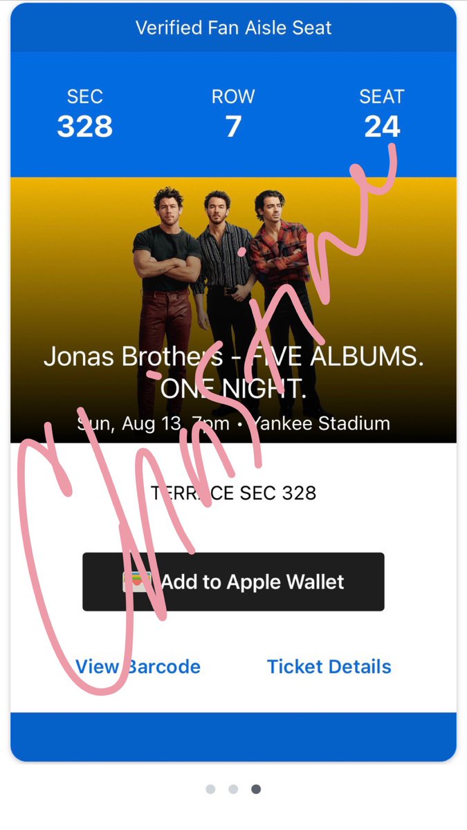 ChristineFilosa's tweet photo. Selling 3 tickets to Jonas Bothers at Yankee Stadium 8/13 section 328, Row 7, seats 22-24 for $120 each, less than what we paid. Will transfer via ticket master. #thetour #JonasBrothers https://t.co/5z01dN5Lta