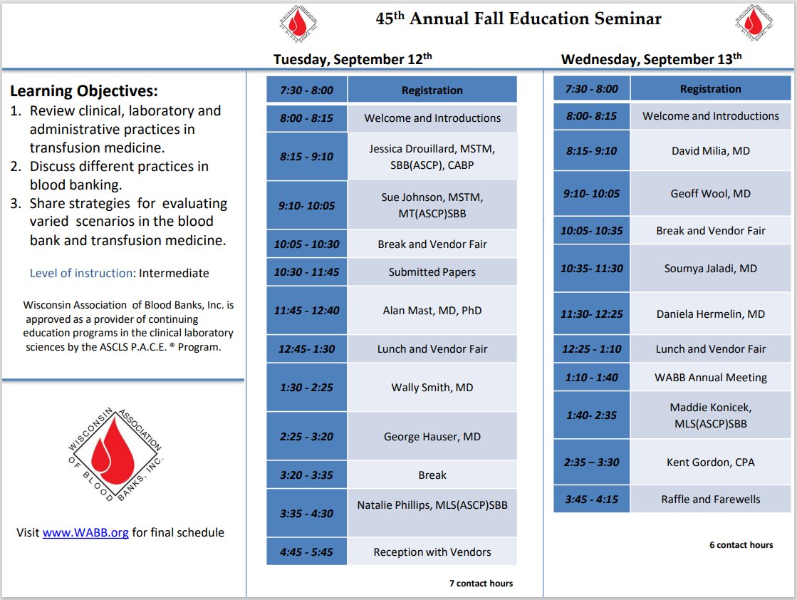The Fall Seminar lineup is out! Join us Sep 12/13 in Brookfield to hear current blood banking talks by some of our top industry leaders and network with vendors and colleagues. 

See you there!