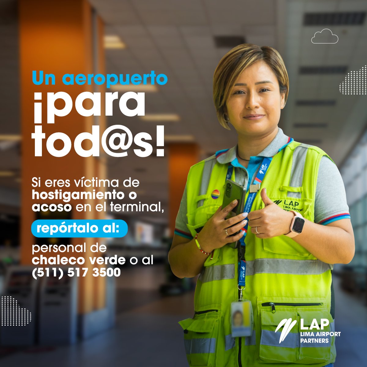 AeroJorgeChavez's tweet photo. 🚨¡Atención!🚨 
Te recordamos que en el #JorgeChávez contamos con espacios seguros para tod@s, libres de discriminación y hostigamiento. Si conoces de un caso, reportarlo a nuestros canales de atención👇🏾

📞(511) 517 3500 
📩reclamos@lima-airport.com.

#UnAeropuertoparaTodos✈️ https://t.co/cneUPTRK1s
