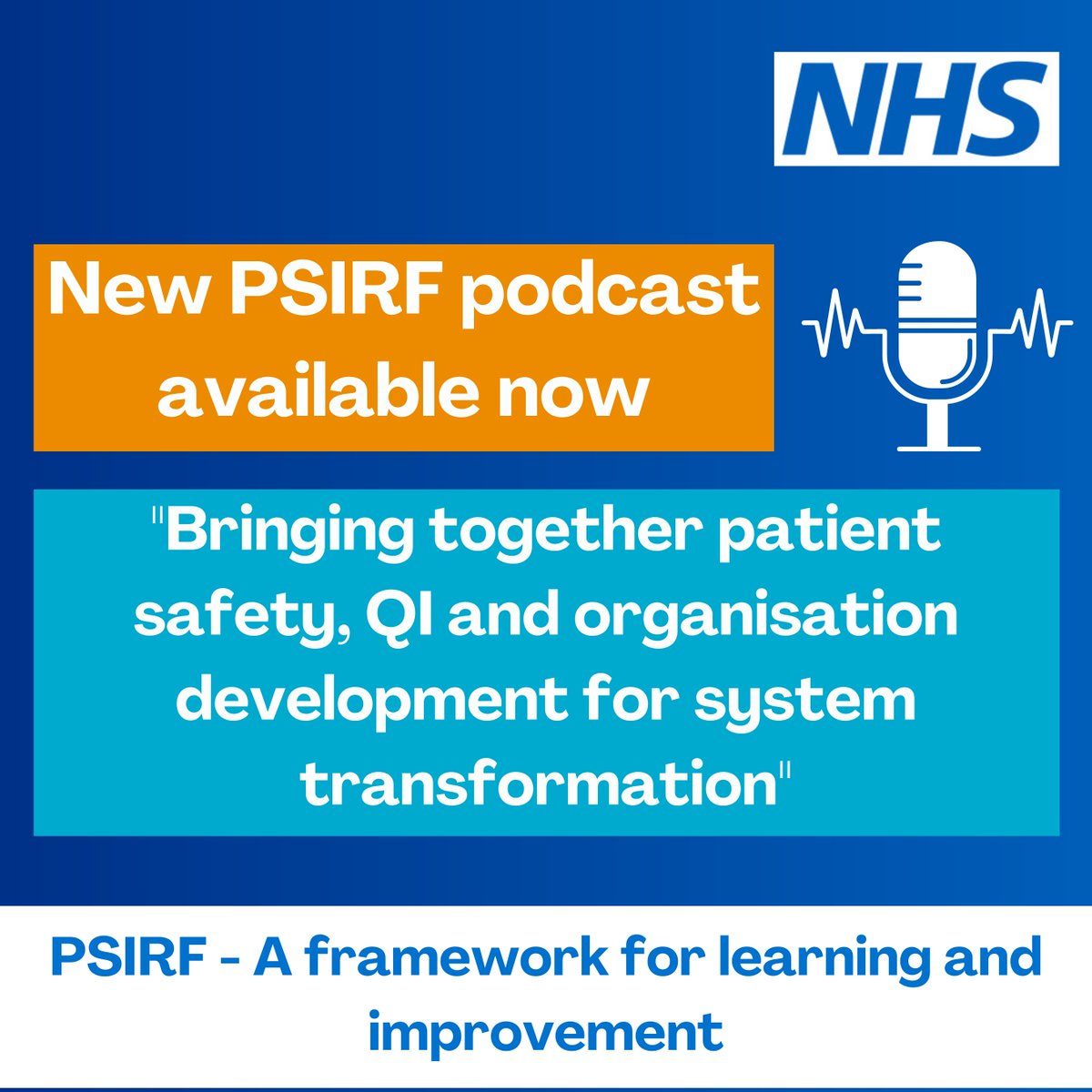 Tune in to our latest #PSIRF podcast, exploring the collaboration between patient safety, QI and organisation development teams. Discover how by working together they can enhance healthcare quality and safety soundcloud.com/nhsengland/pod…