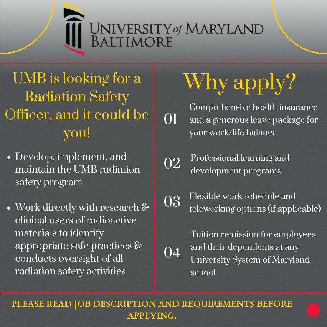 📣 Exciting #JobOpportunity! Join the team at @UMBaltimore as a #RadiationSafety Officer! 🎓 
#HiringNow #MarylandJobs #UniversityJobs #SafetyOfficer

Play a vital role in maintaining a secure environment for UMB's students and staff! 
 Apply today! 📝👉 hubs.ly/Q01ZDRZw0