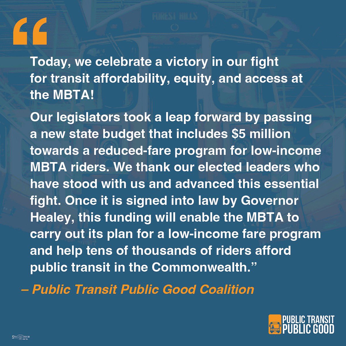 🎉The MA legislature passed the #StateBudget that includes $5M for a low-income fare program! We thank them for their commitment to affordability and equity at the MBTA.

🚉 Next stop: Gov. Healey signs the budget into law, allowing the MBTA to implement an #LIF program!