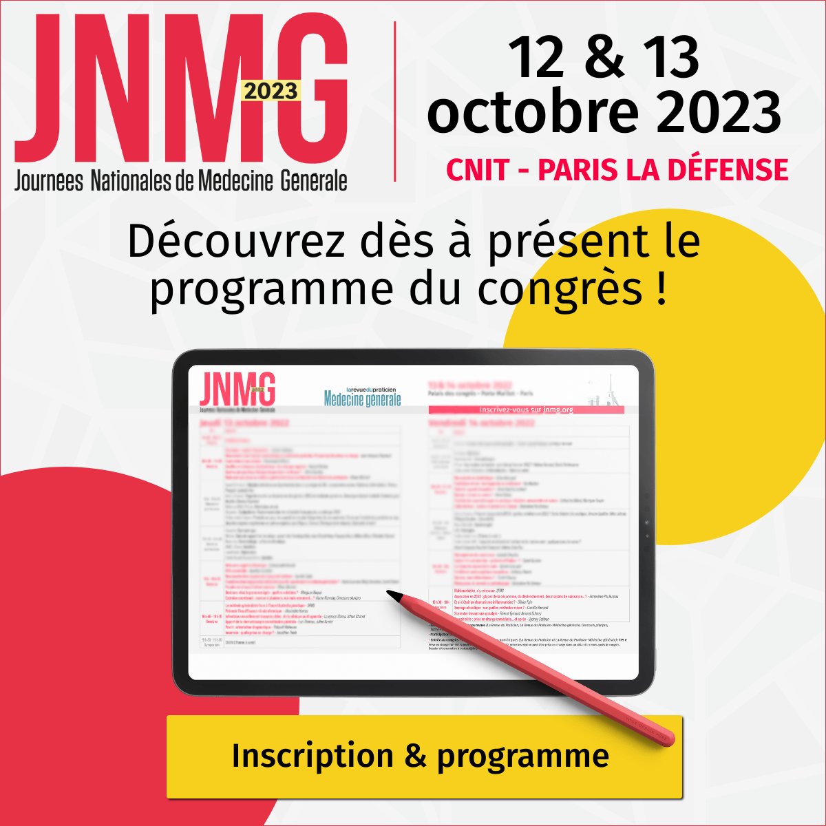 🩺 #JNMG2023 : DECOUVREZ LE PROGRAMME ! 

Le programme des Journées Nationales de Médecine Générale est disponible. Découvrez les grandes thématiques des sessions de cette 22ème édition ! 

✅ Rendez-vous ici : bit.ly/42PT6B0 
#médecinegénérale #santé #médecin #congrès