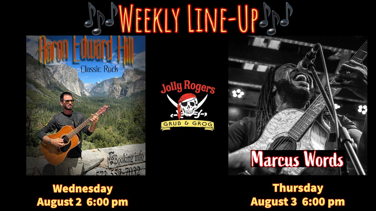 ‼️🎶WEEKLY MUSIC🎶‼️

Wednesday August 2- Aaron Hill @ 6:00 pm
Thursday August 3- Marcus Words @ 6:00 pm

#ComeParty #LiveMusic #LakesideDining #JollyRogers #LakeoftheOzarks