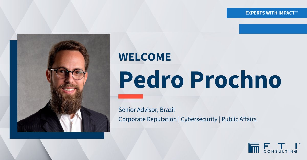 FTI_SC's tweet photo. We are delighted to welcome Pedro Prochno as a Senior Advisor. He will provide communications counsel in the areas of corporate reputation, cybersecurity and public policy advocacy, primarily focusing on the Brazilian market. Learn more here: https://t.co/x0hEIlvyBO https://t.co/daRZ8WnQfA