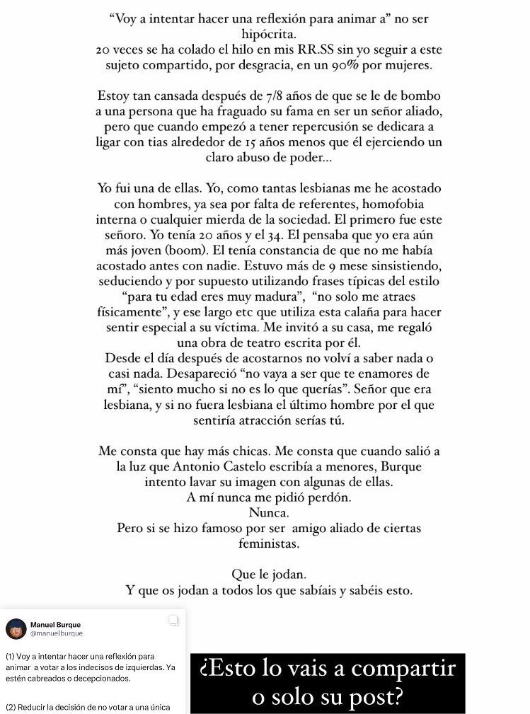 @PodimoSpain @quiquepeinado @manuelburque Hola @manuelburque qué tal?
Cómo va la cancelación?

No veas cómo estoy disfrutando al comprobar que mis sospechas (QUE ERAS UN PATÉTICO HIPÓCRITA QUE UNA DE ALIADO PARRA FOLLAR POR LÁSTIMA), son más que ciertas. 

Verás cuándo se entere Leticia Dolera, con lo feminista que es!