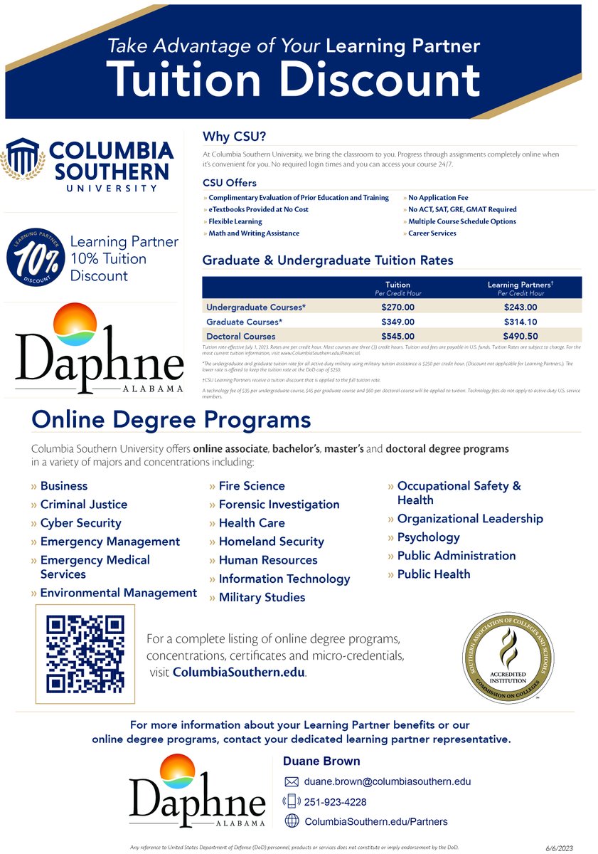Did you know...? As the official learning partner to the City of Daphne, Columbia Southern University offers City employees a 10% discount on tuition &amp; so much more! For more information, visit daphneal.com/175/Employee-B….