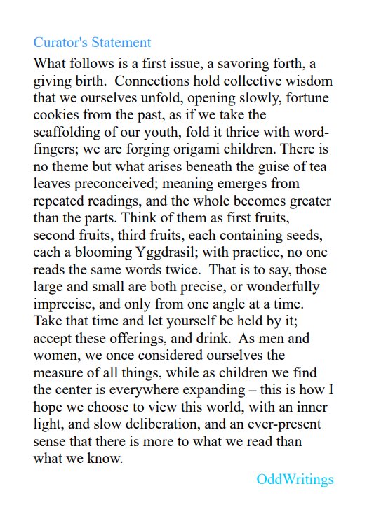 COMMUNITY ANTHOLOGY ISSUE #1
curated by <a href="/OddWritings/">Odd Writings</a>

featuring
@edgepoetry_nft
<a href="/olivertwisty/">し回Ɣヨ匚尺羊 ⁸⁴</a>
<a href="/ERESpoet/">Ernesto Espinoza 🛡️</a>
<a href="/CelinaEnLaSelva/">Celina Paiz</a>
<a href="/DillanSimmons/">Dillan Simmons</a>
@mickeyrobertsart
<a href="/heyghostshoes/">jess</a>
<a href="/lorepunk/"></a>
@Ana_et_al
<a href="/marta_gazzola/">Marta</a>

minted on <a href="/objktcom/">objkt</a> 

begin here with the Curator’s Statement 🧵🖤