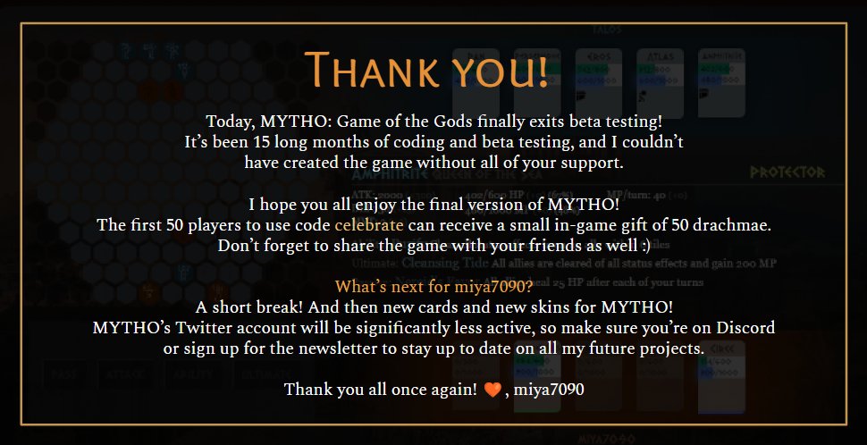 mythogame's tweet image. 🥳 It&apos;s launch day! 🥳
Thank you all for your patient support for over 15 months.

Link to game: mythogame.com
Link to Discord: discord.gg/enZQvhFaXm
Link to Ko-Fi: ko-fi.com/miya7090

Thank you all 🧡
