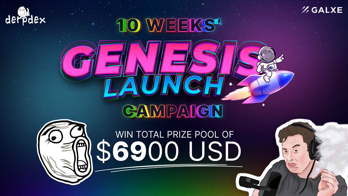 🤑In celebration of our Genesis Launch TODAY, we will extend the BANG💥

During the 69 days of derp-venture from Aug 1st to Oct 9, we are adding more rewards for YOU!

Introducing: DerpDEX's Genesis Launch campaign on @galxe with a prize pool of✨ $6900u✨
galxe.com/derpDEXcom/cam…