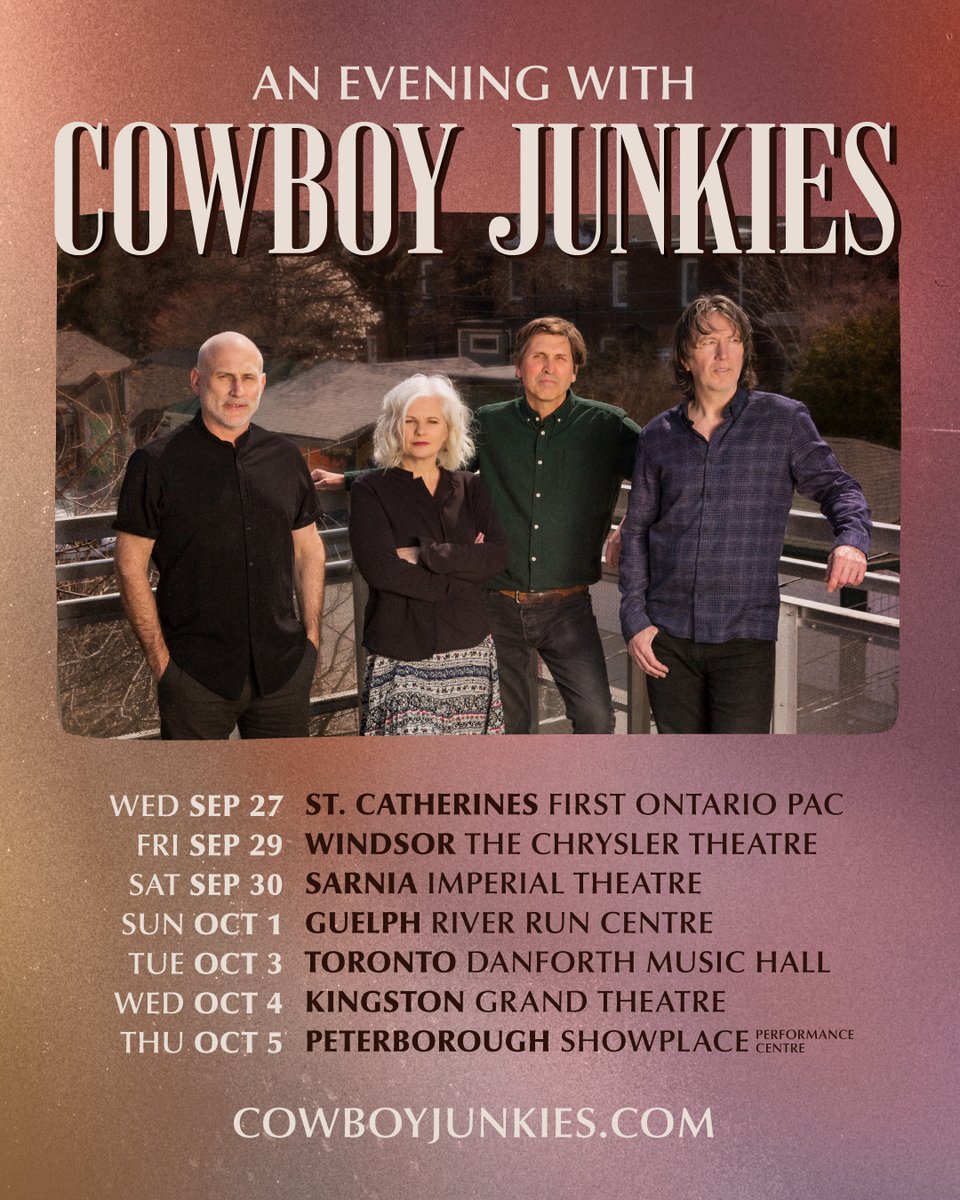 We're so excited to go back on the road again soon to play a special tour of Ontario. Playing at home in Canada is always extra special for us! Tickets on sale now at cowboyjunkies.com/tour