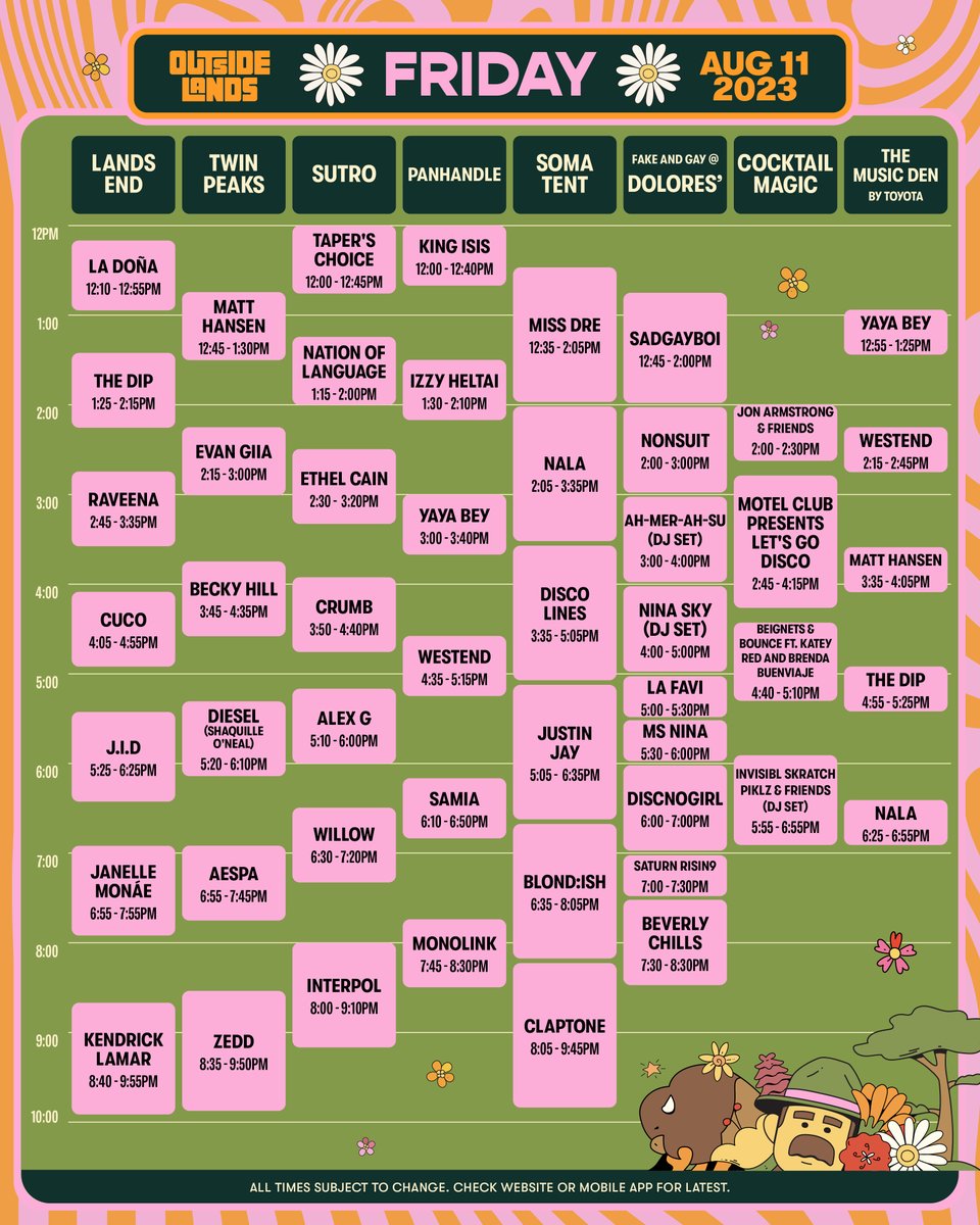 sfoutsidelands's tweet image. i can&apos;t talk right now, the 2023 schedule just dropped! make your daily plans with me in the outside lands app or on our website sfoutsidelands.com/schedule/#/