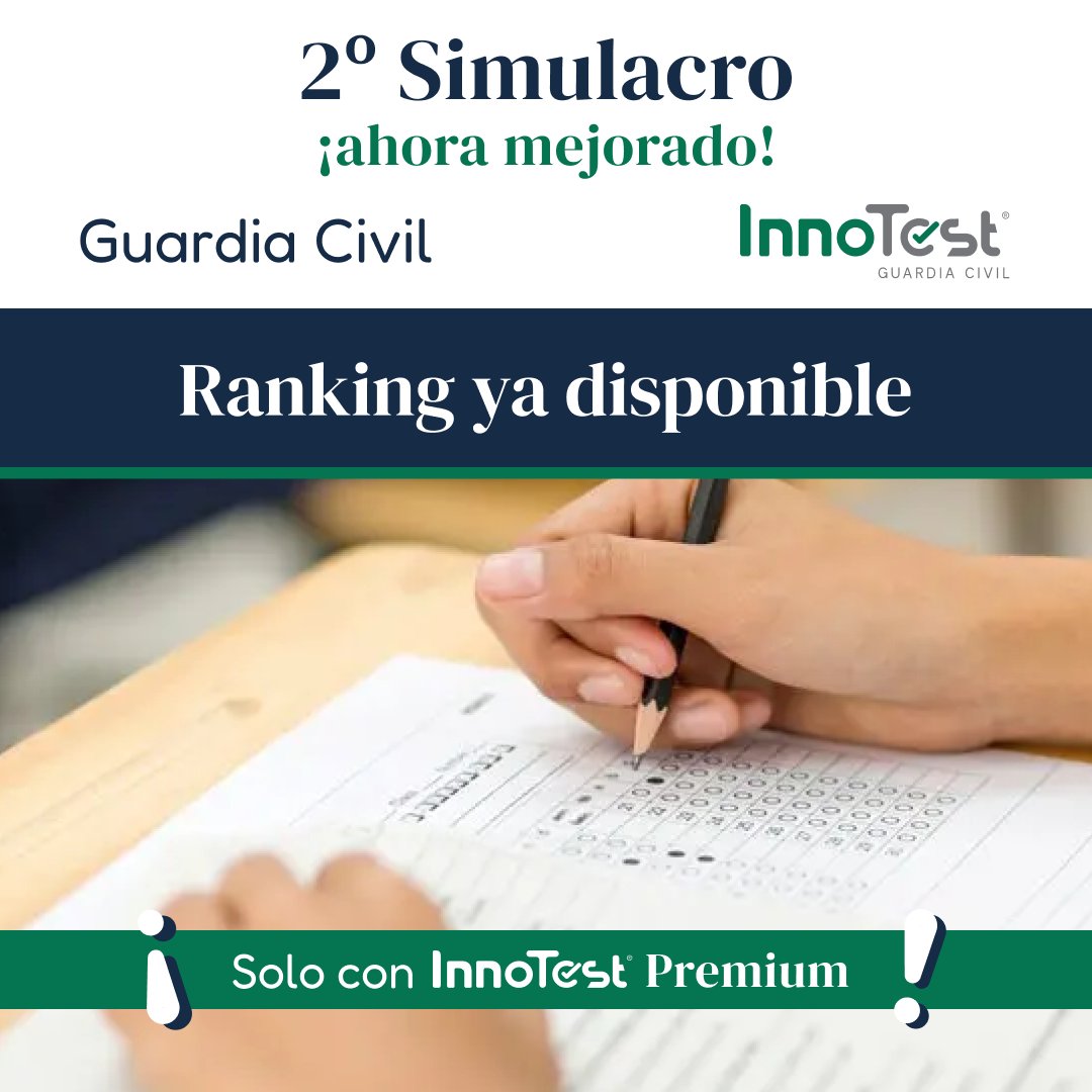 InnoTestES's tweet photo. ¿Hiciste el Simulacro mejorado de Guardia Civil? 👀 ¡Ya tienes los resultados del Ranking disponibles! 📊
Podrás verlos en tu aplicación de InnoTest 📲 

#Simulacro #guardiacivil #oposicionesguardiacivil #innotest https://t.co/6w5zvDqoTt