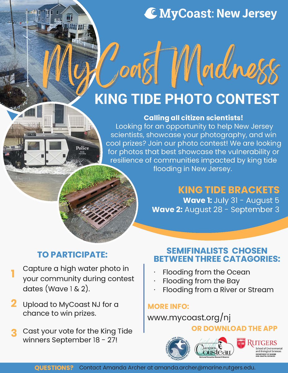 🌊🌊Summer tides bring... a contest prize? 
Submit your photo of NJ summer flooding to the MyCoast Madness King Tide Photo Contest to support flooding research and a chance to win⬇️⬇️
mycoast.org/nj/high-water