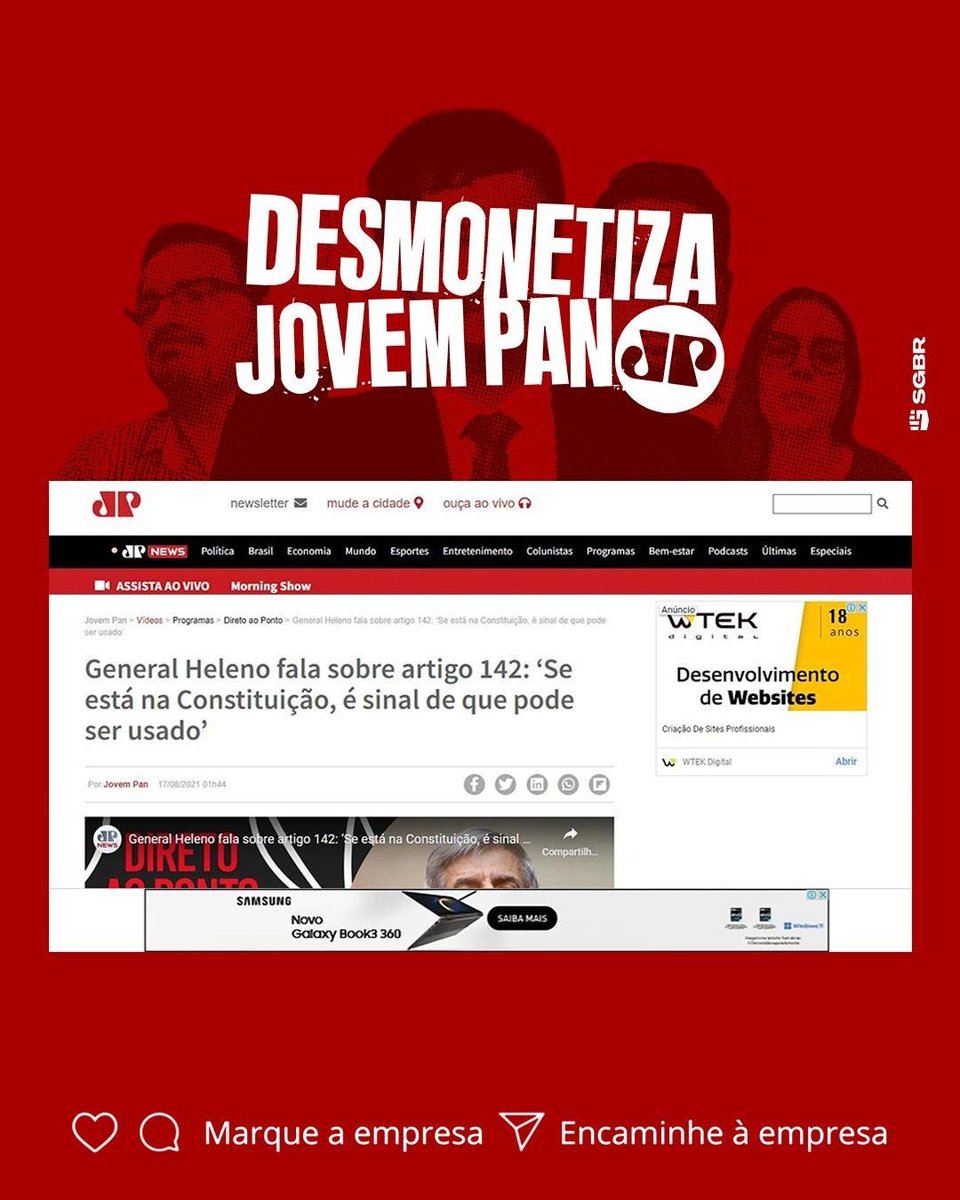 📱 Olá <a href="/SamsungBrasil/">Samsung Brasil</a>, tudo bem? Acreditamos que vocês não compactuam com ataques à democracia, mas infelizmente encontramos seu anúncio via googleads no site da Jovem Pan, uma rádio que propaga fake news. Pfv, #DesmonetizaJovemPan

Avisem a empresa  nos comentários 👇🏽👇🏽