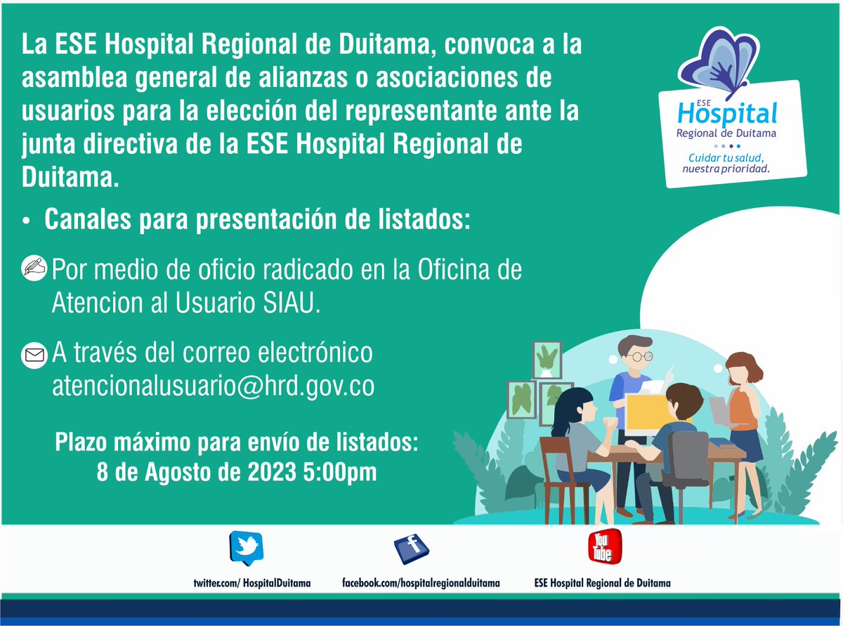 HospitalDuitama's tweet photo. 📣#Convocatoria
Asamblea general de alianzas o asociaciones de usuarios para la elección del representante ante la junta directiva de la ESE Hospital Regional de Duitama.
Aquí encontrarás toda la información.👇
https://t.co/Ico5v4PJFz https://t.co/63Xj8K1hJT
