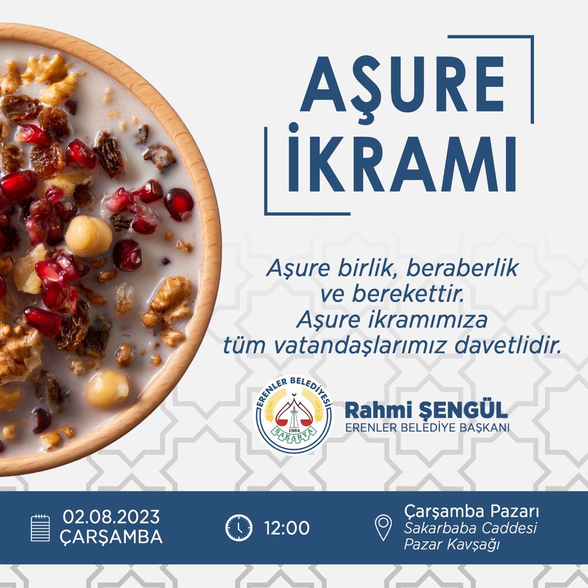 RahmiSengul54's tweet photo. Yarın (Çarşamba) saat 12.00 de Çarşamba Pazarımızdayız…

Tüm vatandaşlarımızı aşure ikram edeceğimiz programımıza bekliyoruz. https://t.co/8yc946YDih