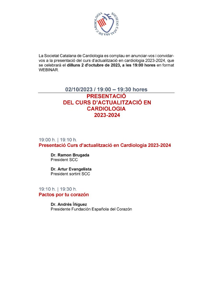 catcardio's tweet photo. @CardiOnCAT @Cardionet1 @catcardiocamfic @rhcips @AEECcatalana @secardiologia @rbrugada @Smirabet1 @neus_bellera @randreariba_rut La 1a, el 02/10, serà doble i es presentarà el curs i hi haurà una conferència per part del president de la @cuidarcorazon el Dr. Andrés Íñiguez.

A les 19:30 realitzarem un webinar sobre l'actualització del maneig post-SCA i algoritme SCC.

Estigues alerta aquests dies📣 https://t.co/Vqm4wCCrT5