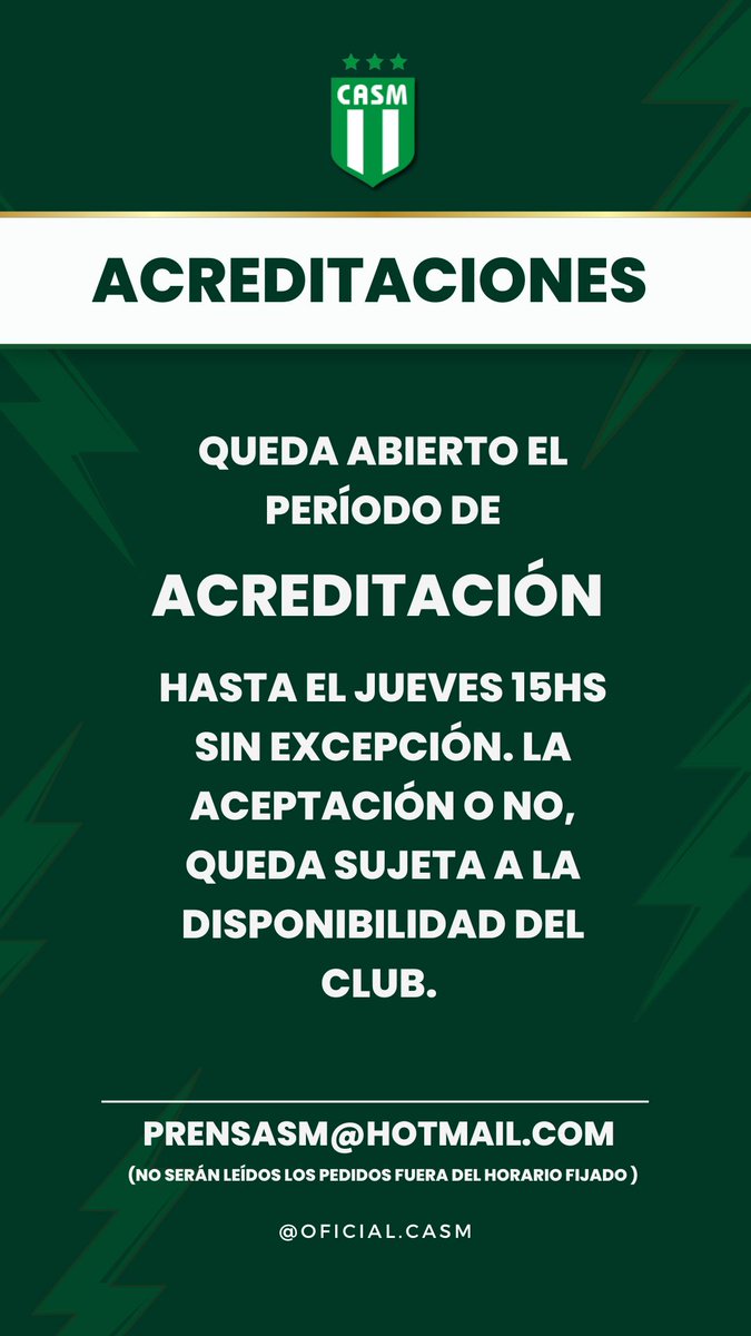 Oficial_CASM's tweet image. ⚡Lo que viene 🔜
⚽ Fecha 9️⃣
🆚 @PrensaComu 
 📅 Sábado 5 
⌚ 15.30 Hs 
🏟️ #EnCasa

⚠️ Acreditaciones

Queda abierto el período de acreditación hasta el jueves a las 15hs sin excepción. La aceptación o no, queda sujeta a la disponibilidad del Club

📩 prensasm@hotmail.com