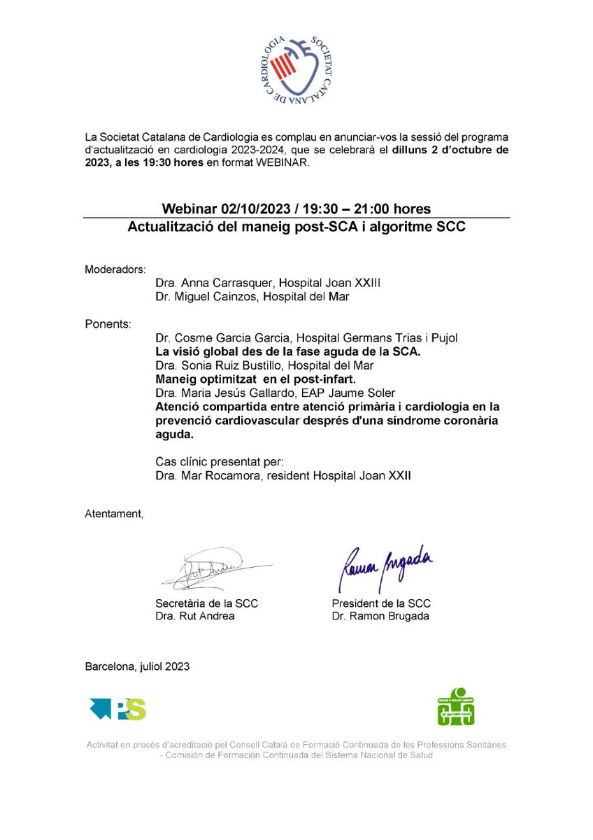 <a href="/CardiOnCAT/">Grup de Treball Cardio-Onco-Hematologia</a> <a href="/Cardionet1/">CardioNet_catcardio</a> <a href="/catcardiocamfic/">Cardio-Primària</a> <a href="/rhcips/">RHCiPS CatCardio</a> <a href="/AEECcatalana/">Filial Catalana AEEC</a> <a href="/secardiologia/">Soc Esp Cardiología</a> <a href="/rbrugada/">Ramon Brugada</a> <a href="/Smirabet1/">Smirabet</a> <a href="/neus_bellera/">Neus Bellera</a> <a href="/randreariba_rut/">Rut Andrea</a> La 1a, el 02/10, serà doble i es presentarà el curs i hi haurà una conferència per part del president de la <a href="/cuidarcorazon/">FEC Corazón</a> el Dr. Andrés Íñiguez.

A les 19:30 realitzarem un webinar sobre l'actualització del maneig post-SCA i algoritme SCC.

Estigues alerta aquests dies📣