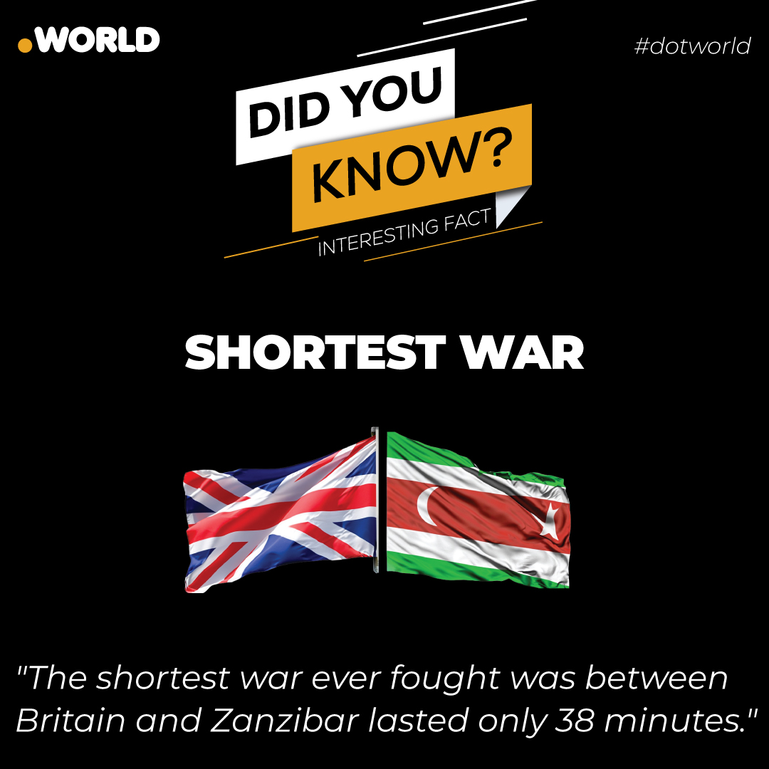 dotworldfacts's tweet photo. The shortest war ever fought was between Britain and Zanzibar in 1896. The war lasted only 38 minutes.
#interestingfacts 
#interesting 
#interestingfactsaboutworld 
#boycottcostacoffee 
#petroldieselprice 
#BreakingNew https://t.co/uxXp9Psu4I