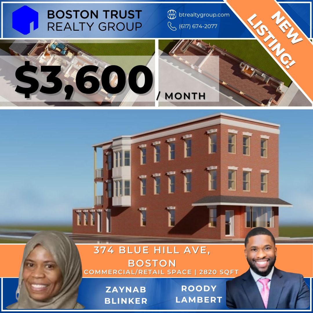 BTRealty's tweet image. 🚨New Listing!🚨 374 Blue Hill Ave, located in #Boston. Commercial/ Retail Space &amp;amp; 2,820 SqFt! LIST price $3,600/ Month. Listed by Zaynab Blinker &amp;amp; Roody Lambert
For more info, please click here: bit.ly/3s0nWd6
*
*
#Bostonrealestate #Bostonrealtor #Bostonrealestateagent