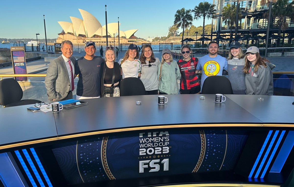 QuinnipiacU's tweet photo. 16 Quinnipiac students and 2 faculty members have had a unique perspective on @FIFAWWC thanks to a class that's taken them to Australia this summer and to some of the tournament's matches. https://t.co/ltgRbgfxYO https://t.co/sxIEX8pEBS