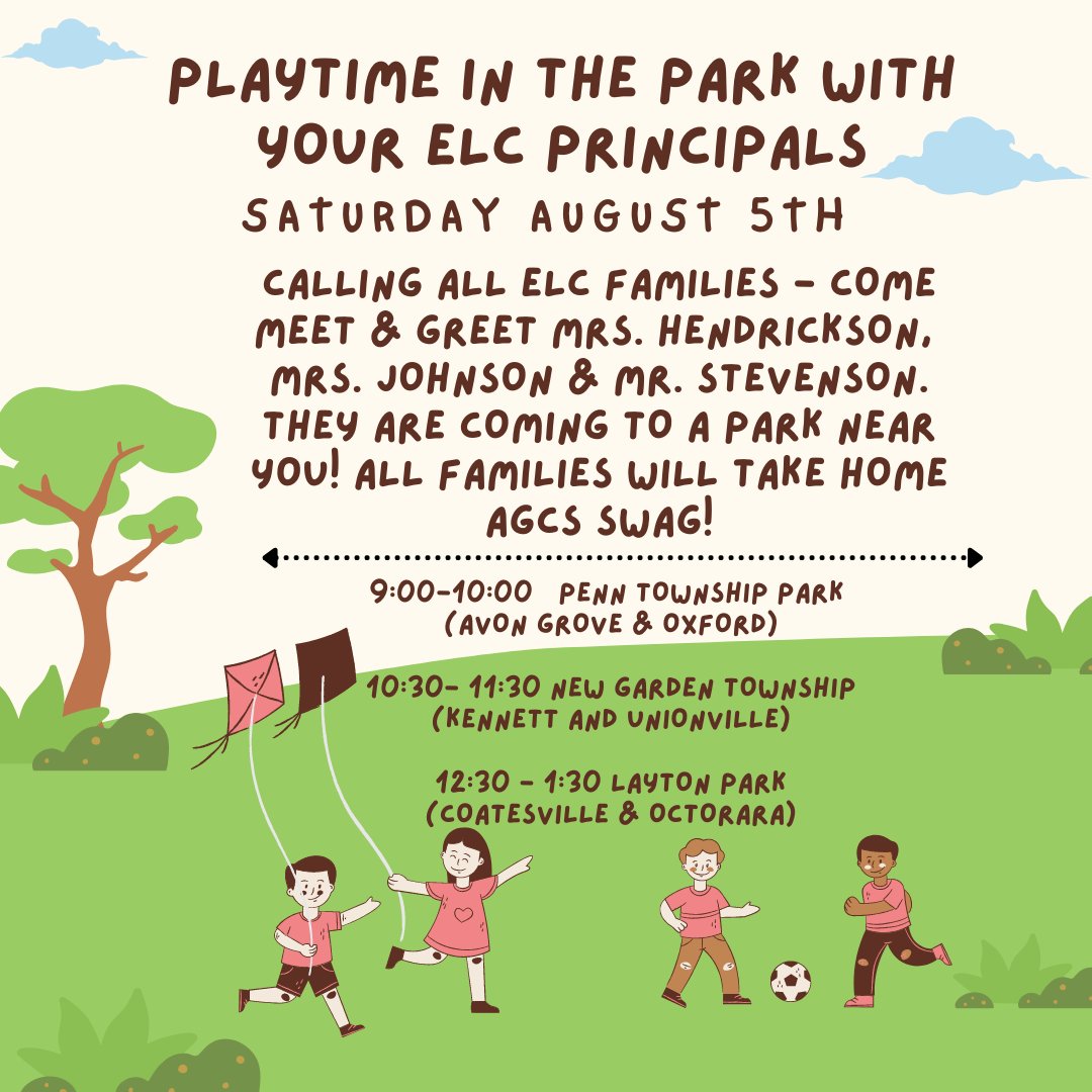 AGCharter's tweet photo. 👋Join AGCS for a K-3 Meet &amp; Greet this Saturday, August 5!👋

🌳K-3 staff are coming to a park near you!🌳

🛝9-10 a.m. Penn Township Park (Avon Grove &amp; Oxford)
🛝10:30-11:30 a.m. New Garden Township (Kennett &amp; Unionville)
🛝12:30-1:30 p.m. Layton Park (Coatesville &amp; Octorara) https://t.co/I6g6BBfdqY