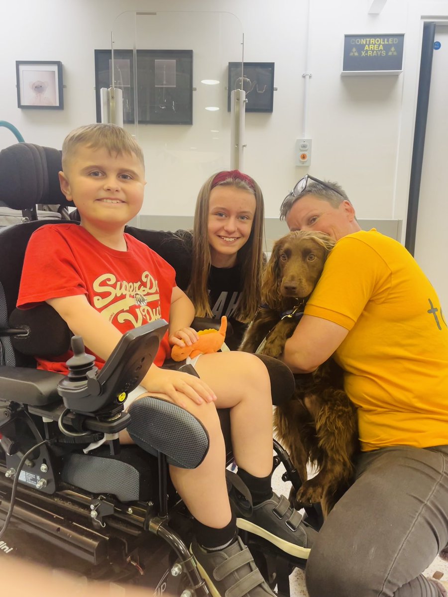The kids met Sid, the therapy dog, today at <a href="/GreatOrmondSt/">Great Ormond Street Hospital for Children</a> while waiting for Fraser’s spinal x-ray. 😃🐕‍🦺🐾