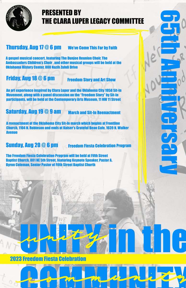 The Clara Luper Legacy Committee is celebrating the 65th anniversary of the sit-in movement. Join us beginning August 17th! 
#okc #history #ClaraLuper #65th