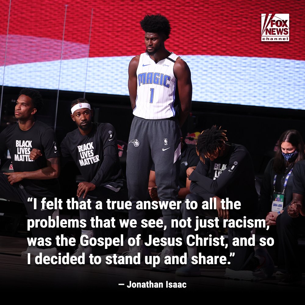 FoxNews's tweet photo. STANDING TALL: NBA player @JJudahIsaac reveals on @foxandfriends why he refused to kneel during the National Anthem in 2020 and "didn't want to align" himself with Black Lives Matter. https://t.co/RtVDhgs8sb https://t.co/DydXH63gDX