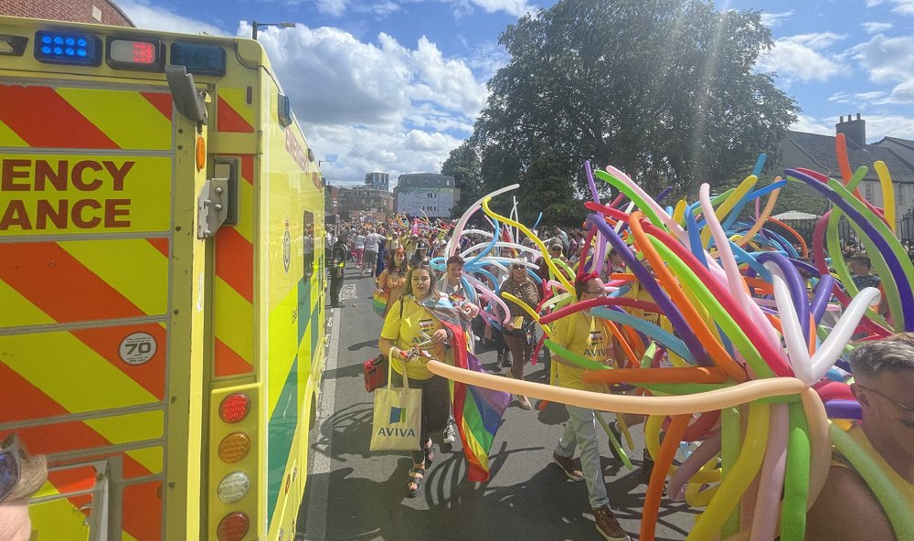 CallEEAST's tweet photo. One of our CallEEASTians, Harrison, attended Norwich Pride on Saturday. 🏳️‍🌈 EEAST had a stall where people could find out more about the Trust being an inclusive employer, as well as the option to learn more about our services, meet the team and even explore an ambulance! 🚑 https://t.co/DAazDnJ4yg