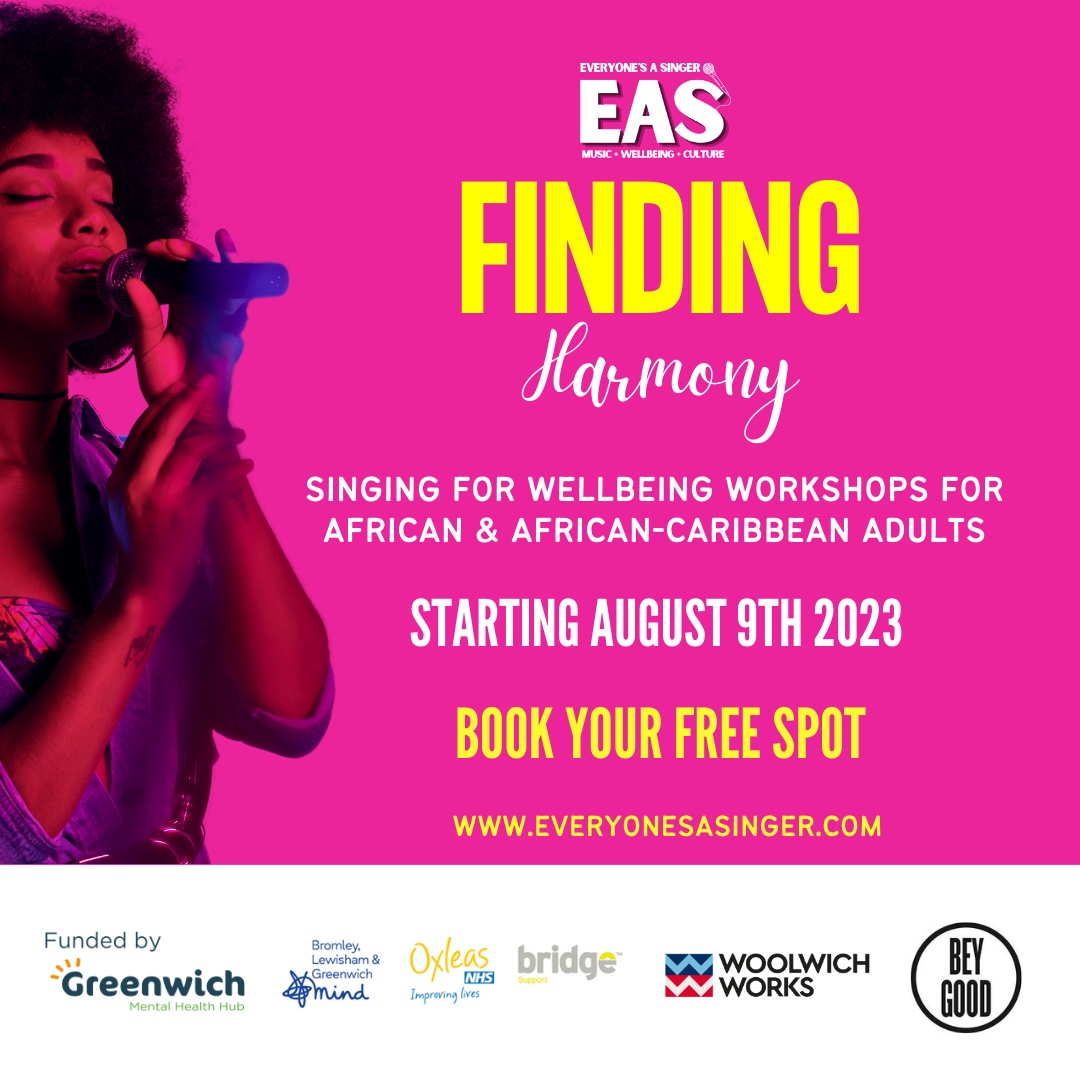 Join us for our new Wellbeing programme 'Finding Harmony' ⁠launching 9th August @woolwichworks.⁠
⁠
Sessions are FREE, Develop your voice and access resources.
⁠
Book Your Space everyonesasinger.com/findingharmony
@blgmind <a href="/OxleasNHS/">Oxleas NHS</a> <a href="/BridgeMH/">Bridge</a> <a href="/BG_MHH/">Bromley and Greenwich Mental Health Hubs (BGMHH)</a>
⁠