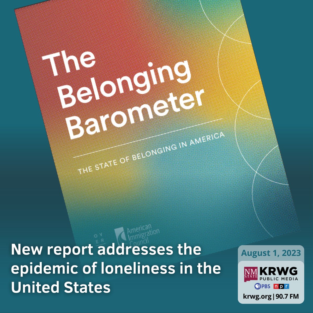 krwg's tweet photo. There’s an epidemic of loneliness in the US according to a new advisory from the Surgeon General. Scott Brocato spoke with Kim Serrano, about the advisory, as well as the key findings in the Center’s “Belonging Report: The State of Belonging in America”
https://t.co/v45tmU8HQN https://t.co/CWXMv666e9