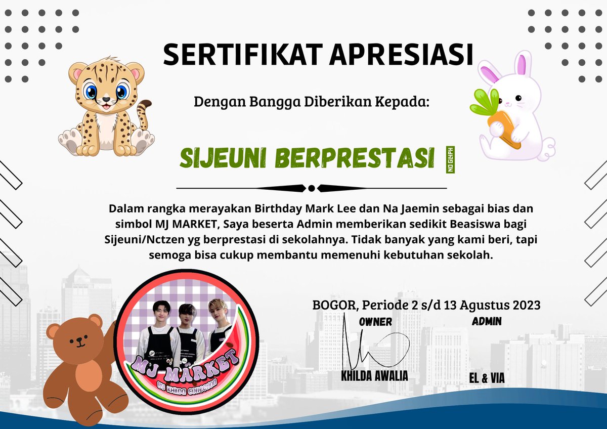 khildaawl2's tweet photo. GIVE AWAY BEASISWA Gratis‼️

Only for Indonesian NCTzen students🌱
•Special Birthday Mark and Jaemin🎉•

🎁Uang tunai Rp***.000 dan sertifikat gemasss❤️

HELP RT+ Follow
Twt: @khildaawl2 @khildaawaliaa 
ig: khilda.ot7
shopee: khilda.collection
isi gform; https://t.co/KzfmNRQu3H https://t.co/8uiULnIPSh