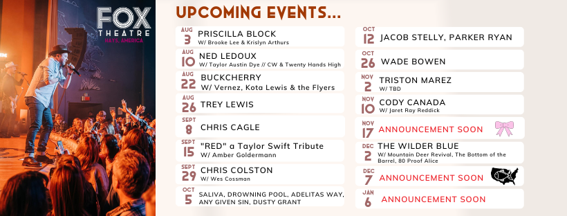 Lots of great shows coming up! #Retweet
<a href="/priscillablock/">Priscilla Block</a> <a href="/NedLeDoux/">Ned LeDoux</a> <a href="/tayloraustindye/">Taylor Austin Dye</a> <a href="/venrez21/">Venrez</a> <a href="/TreyLewisMusic/">Trey Lewis</a> @Chris_Colston_ <a href="/OfficialSaliva/">Saliva-Official</a> <a href="/DrowningPool/">Drowning Pool</a> <a href="/anygivensinband/">Any Given Sin</a> @DustyGrant57 <a href="/adelitasway/">Adelitas Way</a> <a href="/Jacob_Stelly_/">Jacob Stelly</a> <a href="/ParkerRyanMusic/">Parker Ryan</a> <a href="/ColeBarnhill_/">Cole Barnhill</a> <a href="/WadeBowen/">Wade Bowen</a> <a href="/TristonMarez/">Triston Marez</a>