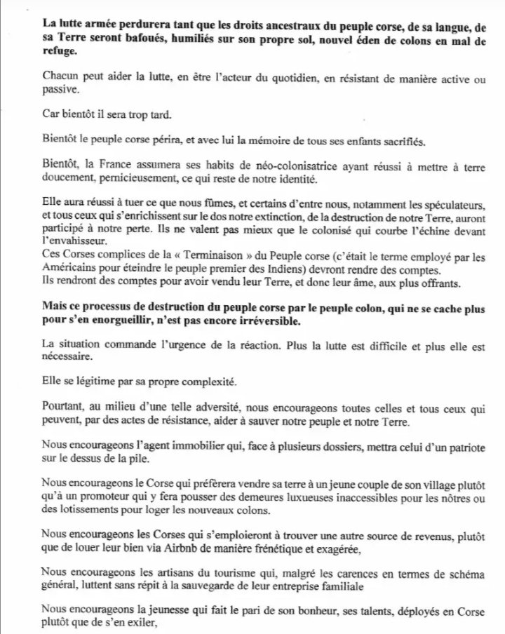 arranomendi's tweet photo. Korsikako FLNC erakundeak agiri bidez 16 ekintza armatu bere gain hartu eta erresistentziarako urgentziazko deia luzatu du Frantzia "populazio kolonizazio bortitz baten bidez korsikar herria diluitzen eta hilzorira eramaten" ari delako bertako kolaboen laguntzarekin. https://t.co/bDVjQklapO