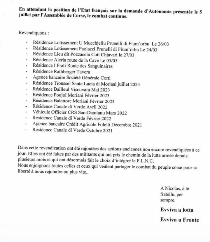 arranomendi's tweet photo. Korsikako FLNC erakundeak agiri bidez 16 ekintza armatu bere gain hartu eta erresistentziarako urgentziazko deia luzatu du Frantzia "populazio kolonizazio bortitz baten bidez korsikar herria diluitzen eta hilzorira eramaten" ari delako bertako kolaboen laguntzarekin. https://t.co/bDVjQklapO
