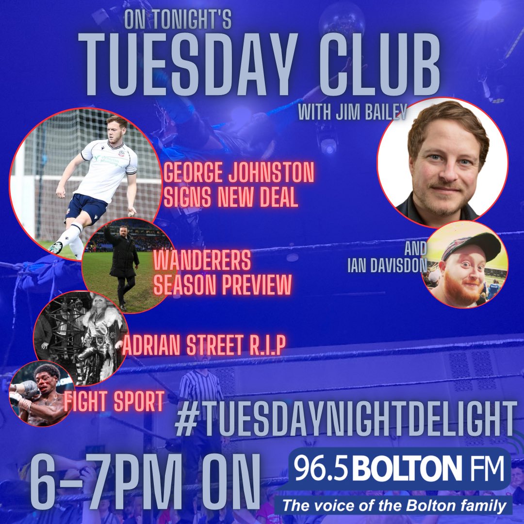 BoltonFM's tweet photo. Plenty to pack in to tonightโs #TuesdayNightDelight! Wanderers, Womens World Cup and Fightsport on the menu!
#BWFC #Bolton #Boxing #ProWrestling https://t.co/nCq13kmEFB