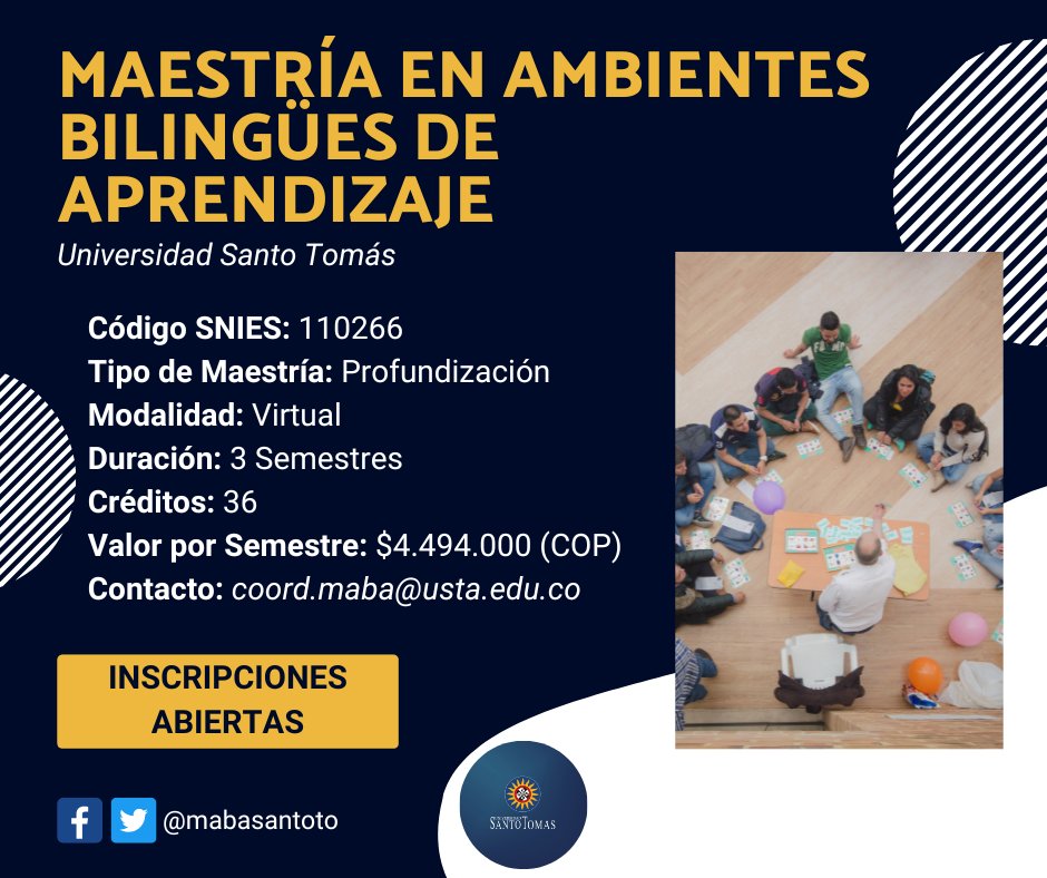 mabasantoto's tweet photo. 📢MAESTRÍA EN AMBIENTES BILINGÜES DE PRENDIZAJE - MABA
Conoce más información a través del siguiente link:
https://t.co/mjdVd0dEjU...
📷Inscríbete aquí:
https://t.co/zV1fOxy8A1
📷Escríbenos: coord.maba@usta.edu.co
#MABA https://t.co/7qpdZgHr9X