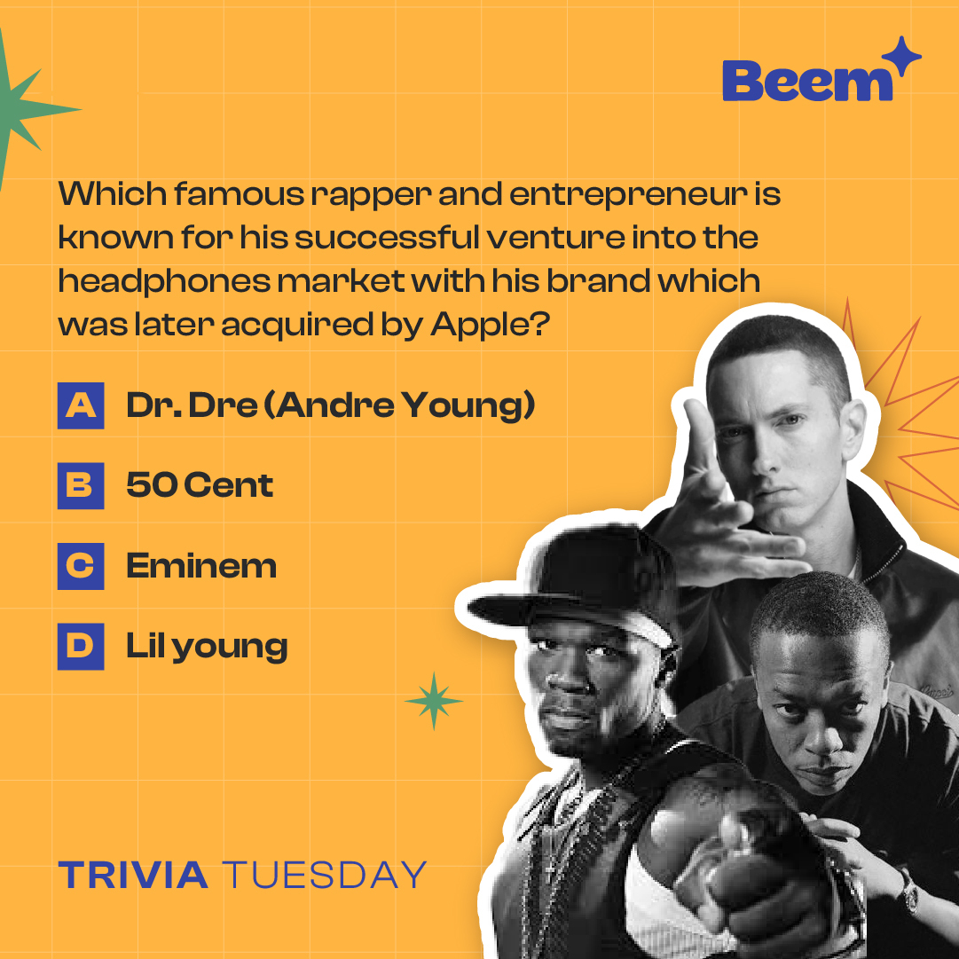 trybeemapp's tweet photo. Rap enthusiasts come on it's your time to shine. Who on this list is a musical genius and also a smart entrepreneur? Let us know in the comments.
#TryBeemApp #Rappers #RapMusic #RapTrivia #Eminem #50Cent #DrDre #LilYoung #RapHistory #RapFacts https://t.co/jjxx7CAZSX