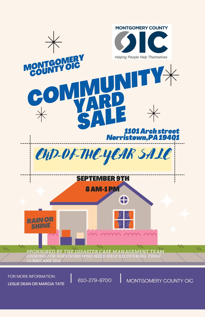 MontcoOIC's tweet photo. Join us for a Community Yard Sale at Montgomery County OIC! 
September 9 
Time: 8:00 AM - 1:00 PM https://t.co/9X8c139oZX
