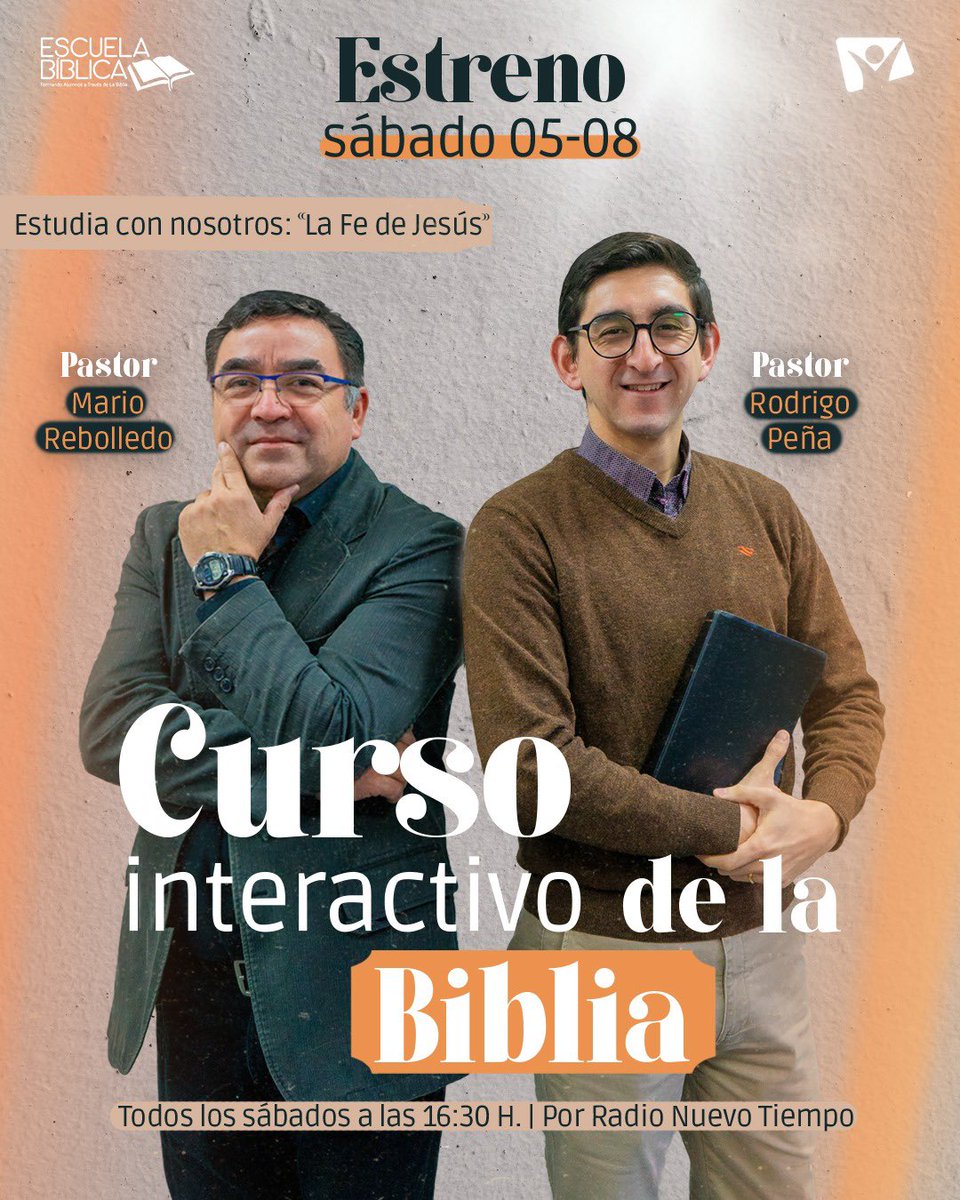 ntchile's tweet image. 🤩Todo listo para el estreno del #CursoInteractivodelaBiblia por #RadioNuevoTiempoChile junto al Pastor @Mario_Rebolledo y Pr. Rodrigo Peña.

13 lecciones con #LaFedeJesús EN VIVO. 

✨Todos los sábados a las 16:30 h.🇨🇱por radio y redes sociales.

¡Te esperamos! 

@IglesiaUnACh