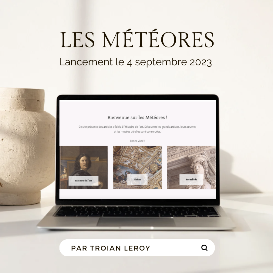 Troian_Leroy's tweet photo. Je suis heureuse de vous annoncer le lancement de mon site internet, Les Météores, le 4 septembre 2023. Il est entièrement dédié à l'Histoire de l'art et aux visites dans les musées et les monuments historiques.  J'espère qu'il vous plaira 🙏

Rendez-vous le 4 septembre ! https://t.co/hGJdVcsP3e
