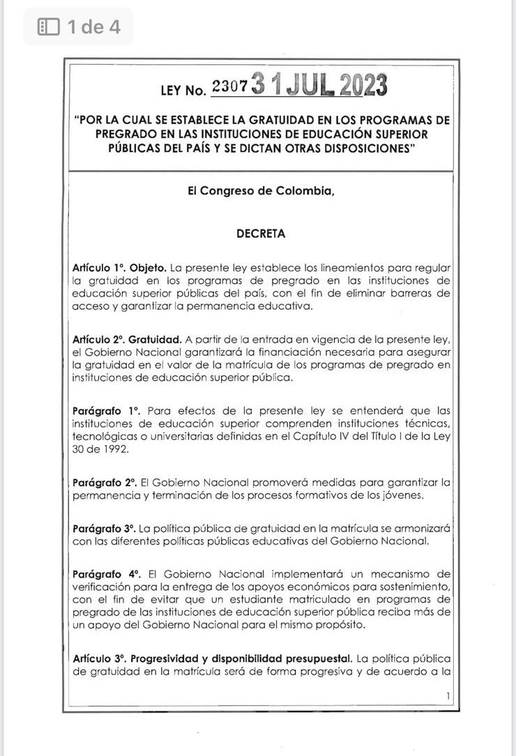 intiasprilla's tweet photo. Bajo el gobierno de Gustavo Petro se establece por ley LA GRATUIDAD EN TODAS LAS UNIVERSIDADES PÚBLICAS PARA PREGRADO ✊🏽 https://t.co/nEi6d4dL2V