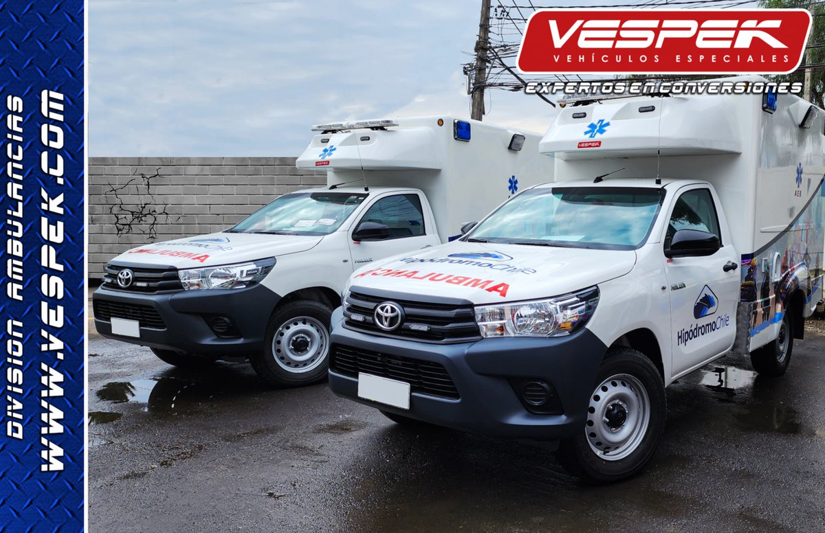 Vespek_'s tweet photo. Equipo #Vespek 🏆Felices entregando 2 nuevas #Ambulancias Hilux 4x4🚑🚑 @ToyotaChile. Equipamiento multifuncional y revestimiento sanitario #BioGelCoat Nanopartículas de Cobre🥇Móviles para @hipodromo_chile y los seguidores de la Hípica chilena����🏇🇨🇱 @spencer_ems @WhelenEng 🚨 https://t.co/m2u9DhSr2c