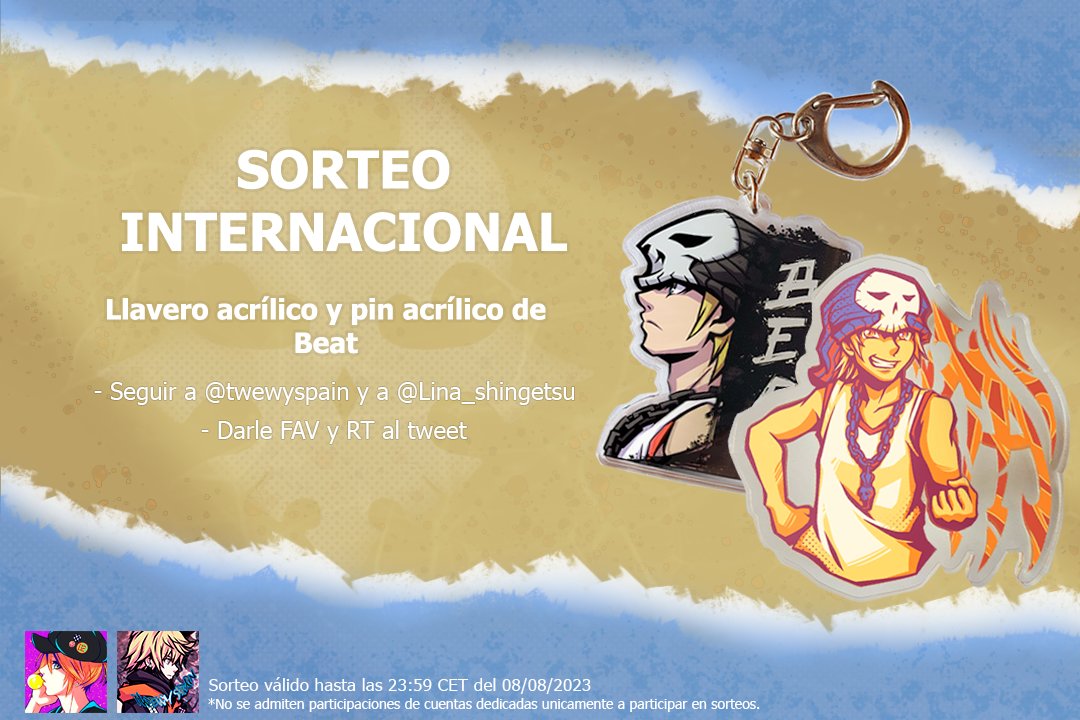 twewyspain's tweet photo. 🎉SORTEO MUNDIAL🎉
¡Sorteamos un llavero acrílico y un pin acrílico de Beat hechos por @lina_shingetsu!

Para participar:
🔄RT + FAV este tweet
✅Sigue a @twewyspain y @lina_shingetsu

Sorteo válido para España y cualquier país del mundo. Termina el 8 de agosto. ¡Mucha suerte! 💀 https://t.co/RRt1Nttsri